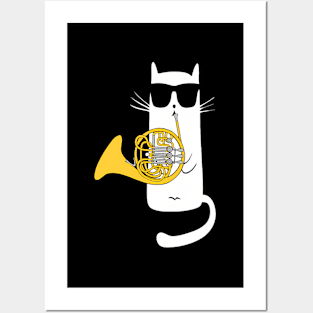 Cat ing Sun Playing French Horn Posters and Art